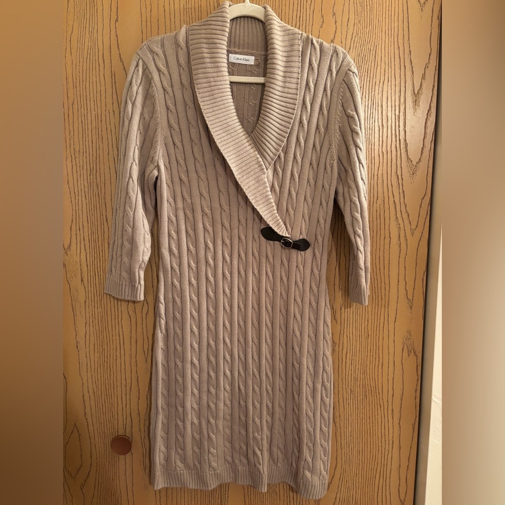Calvin Klein Cable Knit Sweater Dress with Shawl Collar
